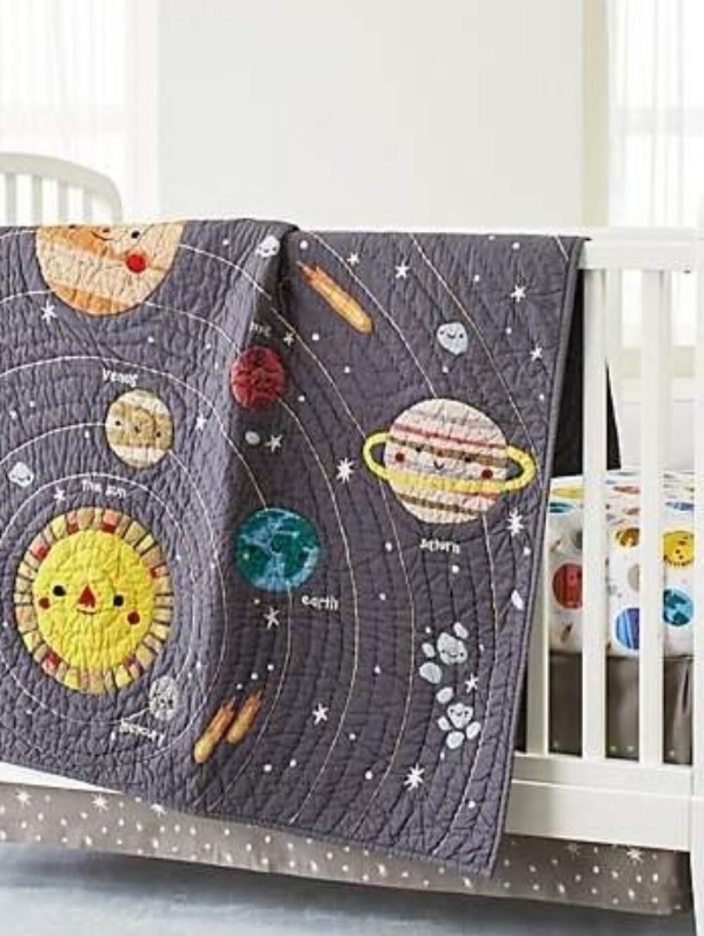 NIP Crate & Kids Gray Star "Outer Space" Embroidered Crib Skirt